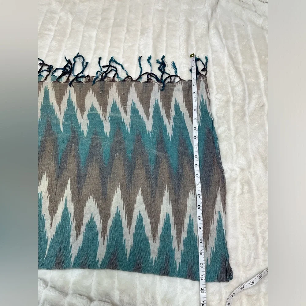 Ikat Boho Teal Brown Cream Fall Spring Tassel Scarf Travel Lightweight Semisheer